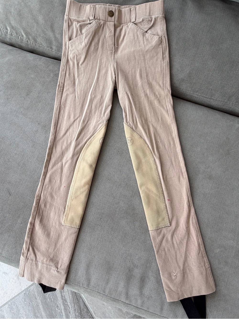 Girls Beige Riding-Style Casual Pants with Knee Patches